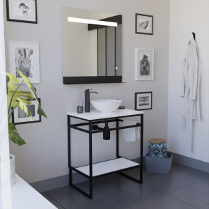 Ensemble salle de bain STRUCTURA 70 cm meuble ouvert en métal noir, étagère et plan avec vasque à poser blanche et miroir