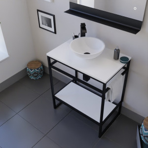 Ensemble salle de bain STRUCTURA 70 cm meuble ouvert en métal noir, étagère et plan avec vasque à poser blanche et miroir