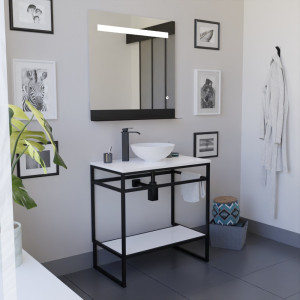 Ensemble salle de bain STRUCTURA 80 cm meuble ouvert en métal noir, étagère et plan avec vasque à poser blanche et miroir