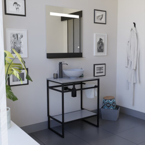 Ensemble salle de bain STRUCTURA 70 cm meuble ouvert en métal noir, étagère et plan avec vasque à poser grise et miroir