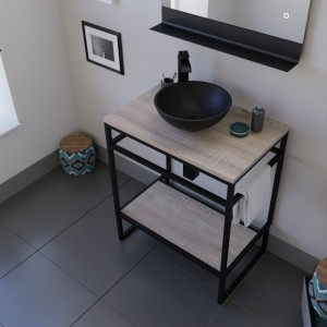 Ensemble salle de bain STRUCTURA 70 cm meuble ouvert en métal noir, étagère et plan aspect bois, vasque à poser noire et miroir 