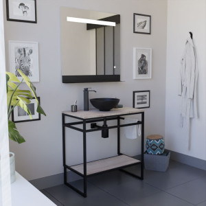 Ensemble salle de bain STRUCTURA 80 cm meuble ouvert en métal noir, étagère et plan aspect bois, vasque à poser noire et miroir 