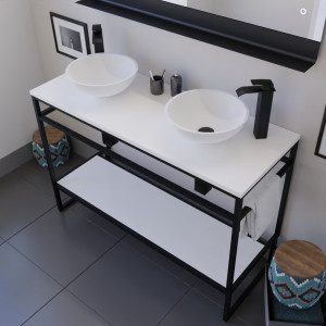 Ensemble salle de bain STRUCTURA 120 cm en métal noir, plan avec vasques à poser blanches et miroir ETAL 120x80 cm