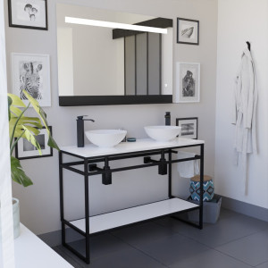 Ensemble salle de bain STRUCTURA 120 cm en métal noir, plan avec vasques à poser blanches et miroir ETAL 120x80 cm