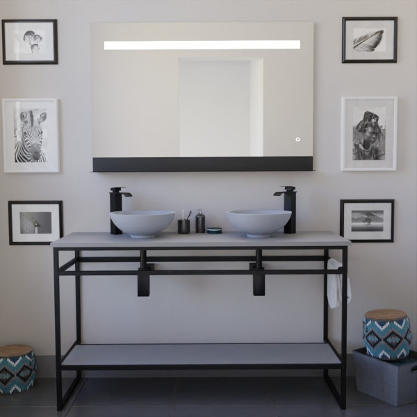 Ensemble salle de bain STRUCTURA 140 cm en métal noir, plan avec vasques à poser grises et miroir ETAL 120x80 cm