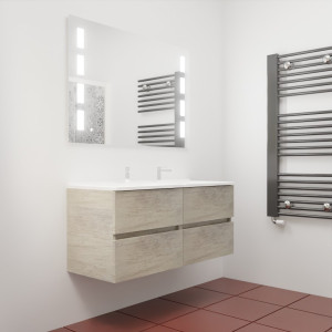 Meuble double vasque 120 cm avec miroir LED PRESTIGE - Chêne