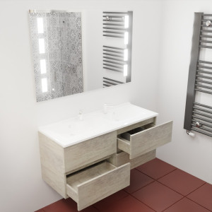 Meuble double vasque 120 cm avec miroir LED PRESTIGE - Chêne