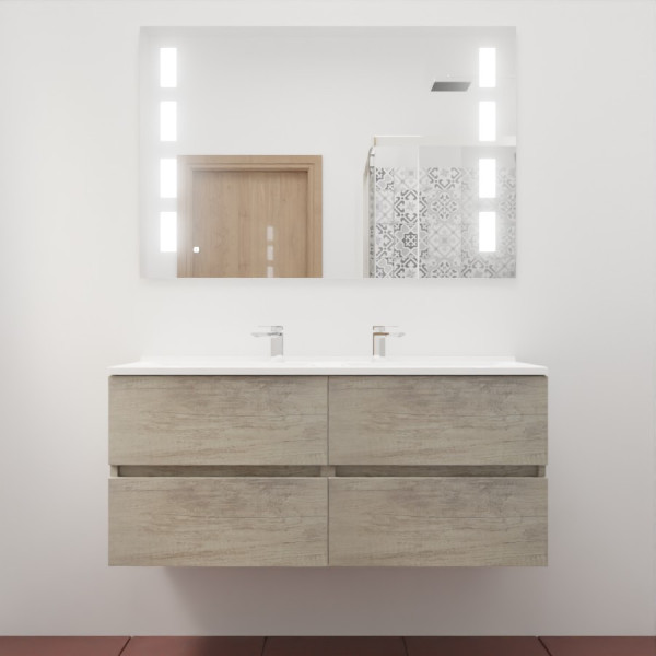 Meuble double vasque 120 cm avec miroir LED PRESTIGE - Chêne
