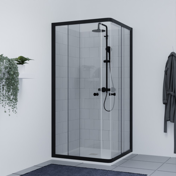 Porte de douche d'angle avec 2 coulissants NERINA Noir mat- 90x90 cm