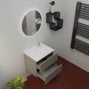 Meuble salle de bain ROSINOX 60 cm Gris mat avec plan simple vasque et miroir RONDINARA 