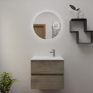 Meuble salle de bain ROSINOX 60 cm coloris Chêne avec plan simple vasque et miroir RONDINARA 