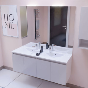 Meuble PROLINE 140 cm avec plan vasque et miroir - blanc brillant
