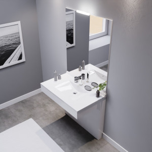 Meuble EPURE 90 cm avec plan vasque et miroir - blanc brillant