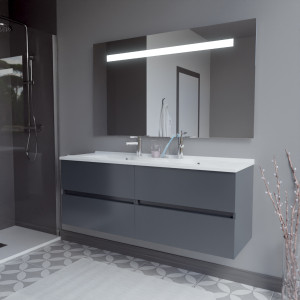 Meuble ROSALY 140 cm avec plan vasque et miroir - Gris brillant