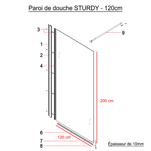 Paroi de douche fixe STURDY verre 10 mm - 120x200 cm