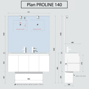 Meuble PROLINE 140 cm avec plan vasque et miroir - Gris brillant