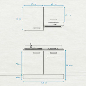 Kitchenette K03 - 120 cm avec rangements et hotte