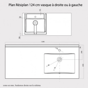 Plan vasque RÉSIPLAN - 124 cm avec vasque déportée à gauche