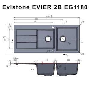 Évier EVISTONE avec 2 bacs + égouttoir 118cm - Cromo
