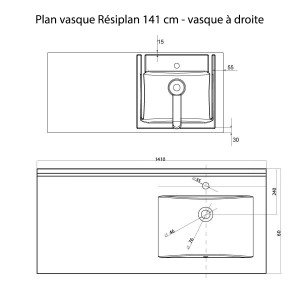 Plan vasque RÉSIPLAN - 141 cm avec vasque déportée à droite