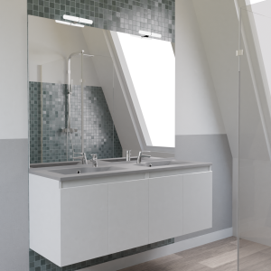 Meuble PROLINE 140 cm avec plan vasque gris et miroir - blanc brillant