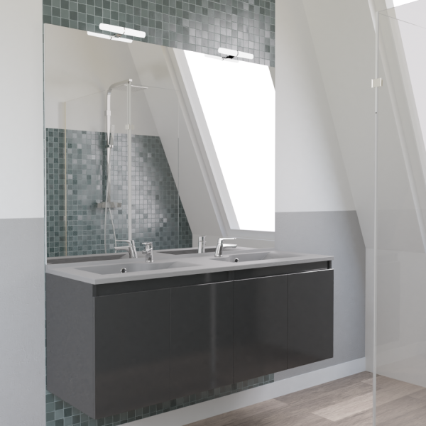Meuble PROLINE 140 cm avec plan vasque gris et miroir - Gris brillant