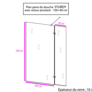 Paroi de douche fixe STURDY verre 10 mm avec retour - 100+40 x 200 cm
