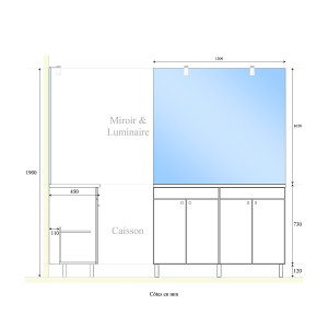 Meuble ECOLINE 120 cm avec plan vasque et miroir - Blanc brillant