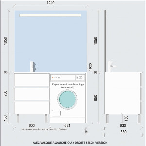 Meuble KORA LL 124 cm vasque déportée à droite - Blanc brillant