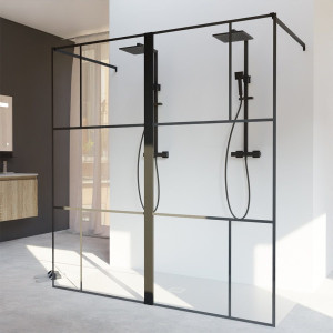 Paroi de douche industrielle noire Atelia verre 8 mm - 190x200 cm