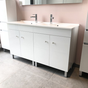 Meuble ECOLINE 140 cm avec plan vasque et miroir - Blanc brillant