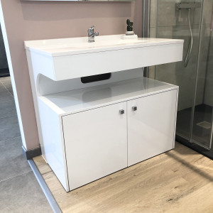 Meuble EPURE 80 cm avec plan vasque et miroir - blanc brillant