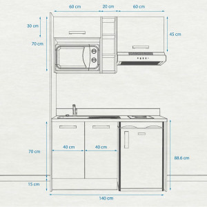 Kitchenette K13 - 140 cm avec étagère, emplacement hotte, réfrigérateur et micro-ondes