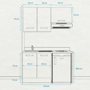 Kitchenette K12 - 140 cm avec emplacement hotte et réfrigérateur