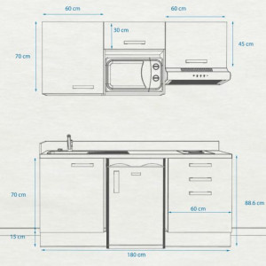 Kitchenette K20 - 180 cm avec emplacement frigo Top, micro ondes et hotte