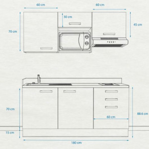 Kitchenette K21 - 180 cm avec emplacement micro ondes et hotte