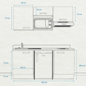 Kitchenette K29 - 180 cm avec emplacement frigo Top, hotte et micro ondes