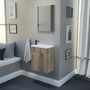 Meuble lave-mains LILA 44x26 cm avec vasque et miroir - cambrian oak