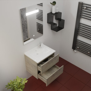 Meuble ROSINOX 60 cm avec plan vasque et miroir - Chêne