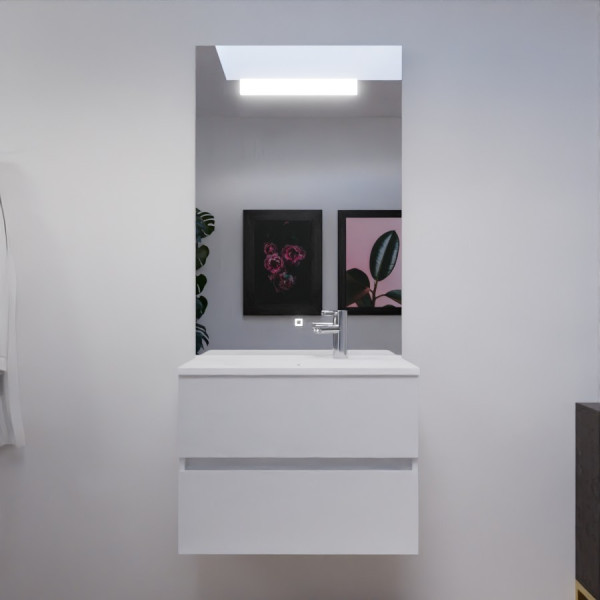 Meuble ROSINOX 60 cm avec plan vasque et miroir Elegance Hauteur 105 cm - Blanc mat