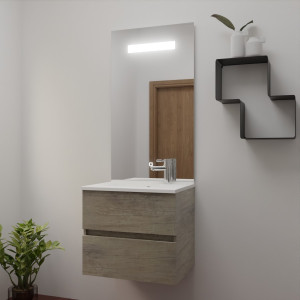 Meuble salle de bain complet ROSINOX 60 cm avec plan vasque et miroir - Chêne