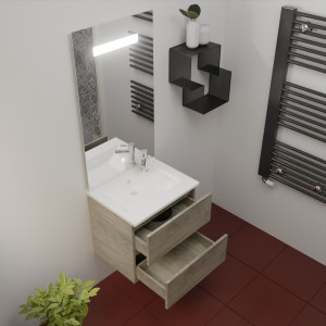 Meuble salle de bain complet ROSINOX 60 cm avec plan vasque et miroir - Chêne