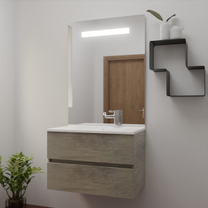 Meuble simple vasque ROSINOX 80 cm avec plan vasque et miroir - Chêne