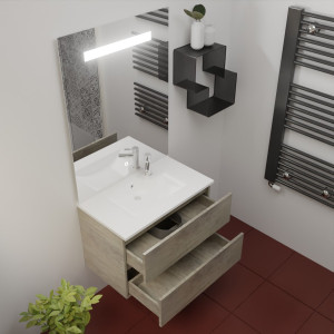 Meuble simple vasque ROSINOX 80 cm avec plan vasque et miroir - Chêne