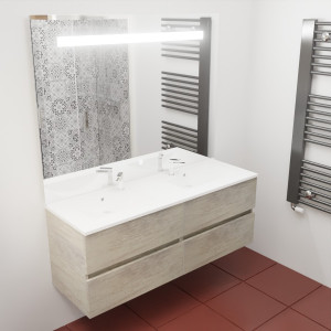 Meuble salle de bain en inox ROSINOX 140 cm avec plan double vasque et miroir - Chêne