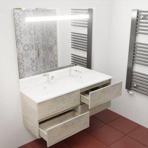 Meuble salle de bain en inox ROSINOX 140 cm avec plan double vasque et miroir - Chêne