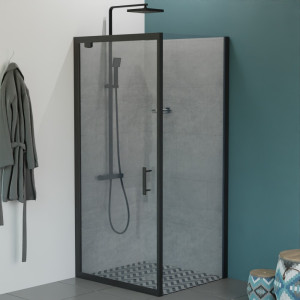 Paroi de douche d'angle avec porte pivotante NERINA Black mat - 90x80 cm