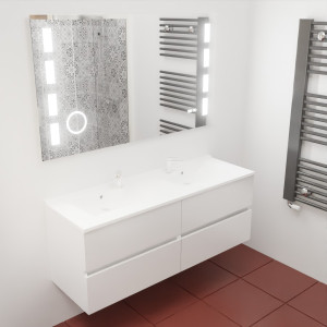Meuble double vasque ROSINOX 140 cm avec plan double vasque et miroir LED - Blanc Mat