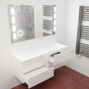 Meuble double vasque ROSINOX 140 cm avec plan double vasque et miroir LED - Blanc Mat