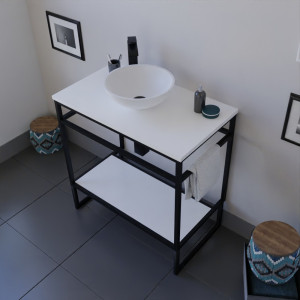 Meuble salle de bain STRUCTURA 80 cm en métal noir, étagère ouverte, plan avec vasque à poser blanche